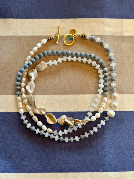 Perlenkette mit Perlmuttperlen, Südseeperlen, Halbedelsteinen und Spacer Perlchen