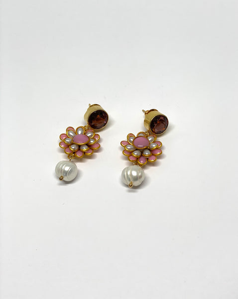 Halbedelstein mit kleiner Blume und Perle - BySusa Accessories Hand-Made Statement Earrings Hairband Facinator Wiesn Wasn Ohrringe Stickerei Embroidery 